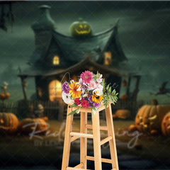 Aperturee Aperturee Witch’s Cottage Halloween Photography Backdrop Spooky House with Jack O’ Lanterns Haunted Forest Night Scenery