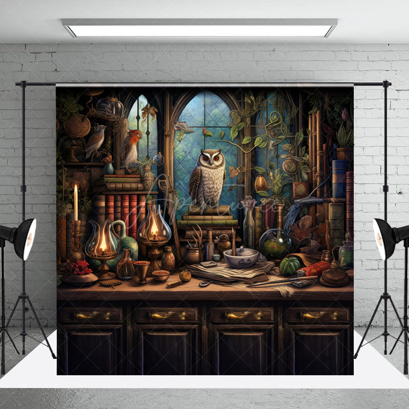 Aperturee - Aperturee Wizard’s Study with Owl Photography Backdrop Magical Potions and Books Desk Fantasy Halloween Photo Shoots