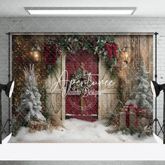 Aperturee - Aperturee Wooden Beige Red Door Xmas Tree Christmas Backdrop