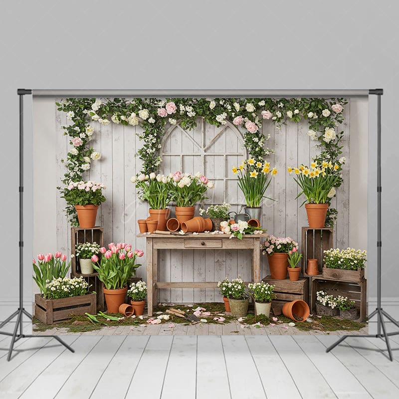 Aperturee - Aperturee Wooden Board Planting Tulips Floral Spring Backdrop