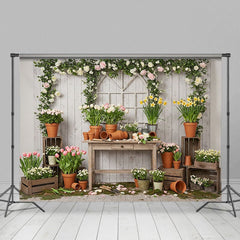Aperturee - Aperturee Wooden Board Planting Tulips Floral Spring Backdrop
