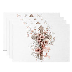Aperturee - Aperturee Wooden Cross Pink Floral Set of 4 Placemats Elegant Flower Ribbon Religious Table Mats Baptism Confirmation Decor