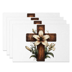 Aperturee - Aperturee Wooden Cross Set of 4 Placemats White Lily Flower Religious Christian Holiday Table Mats