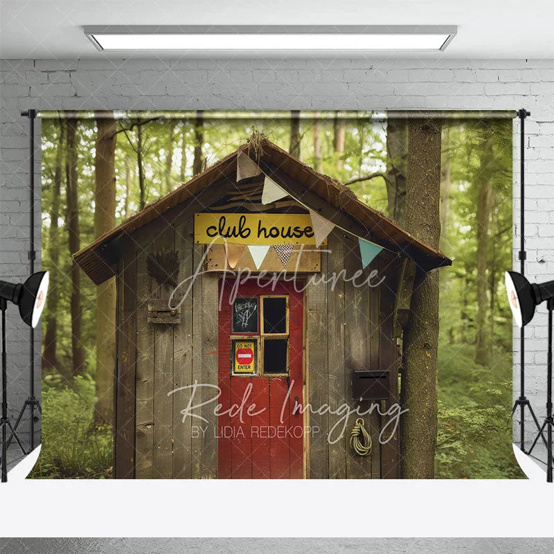 Aperturee - Aperturee Wooden Forest Club House Backdrop Do Not Enter Sign Treehouse Photography Background for Boy Birthday Party