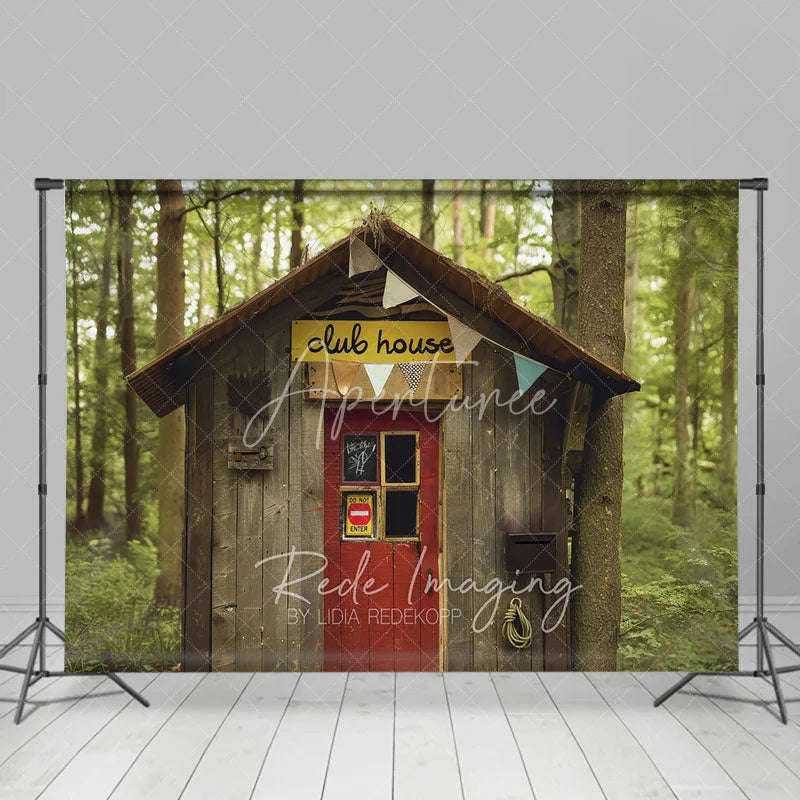Aperturee - Aperturee Wooden Forest Club House Backdrop Do Not Enter Sign Treehouse Photography Background for Boy Birthday Party