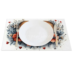 Aperturee - Aperturee Wooden Heart Love Sign Set of 4 Placemats Red Floral Valentine Decoration Rustic Farmhouse Dining Table Mat