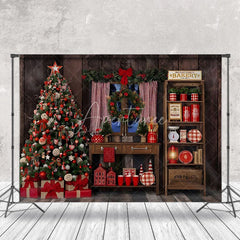 Aperturee - Aperturee Wooden House Bakery Christmas Tree Photo Backdrop