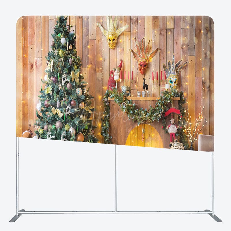 Aperturee - Aperturee Wooden House Christmas Fireplace Tension Fabric Backdrop