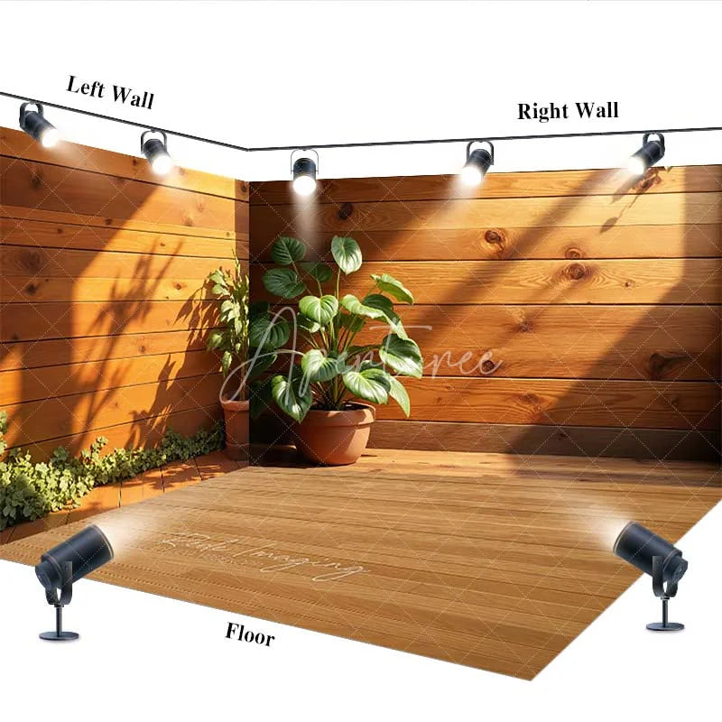 Aperturee - Aperturee Wooden Interior Room Set Backdrop Sunlit Green Plant Potted Corner Photography Background Home Studio Decoration