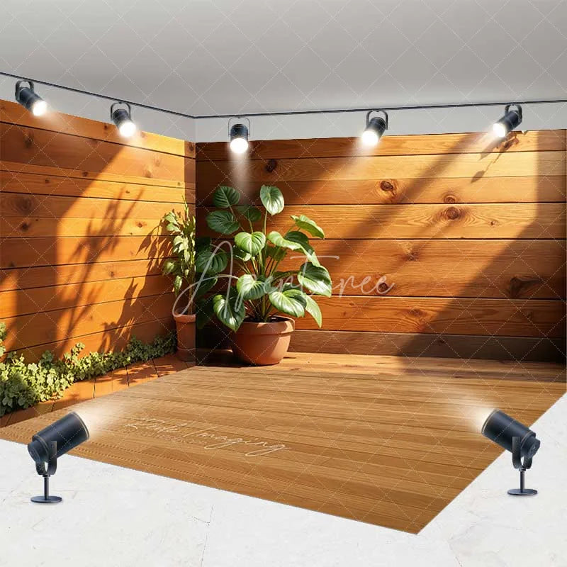 Aperturee - Aperturee Wooden Interior Room Set Backdrop Sunlit Green Plant Potted Corner Photography Background Home Studio Decoration