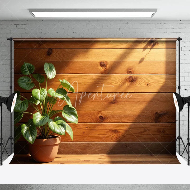 Aperturee - Aperturee Wooden Interior Room Set Backdrop Sunlit Green Plant Potted Corner Photography Background Home Studio Decoration