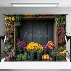 Aperturee - Aperturee Wooden Shelf Colorful Spring Floral Backdrop For Photo
