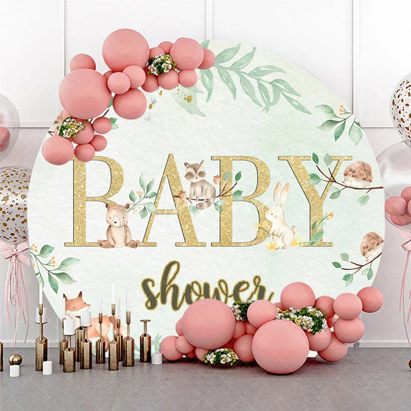 Aperturee - Aperturee Woodland Animals and Gold Baby Shower Round Backdrop Cute Forest Theme Party Decor