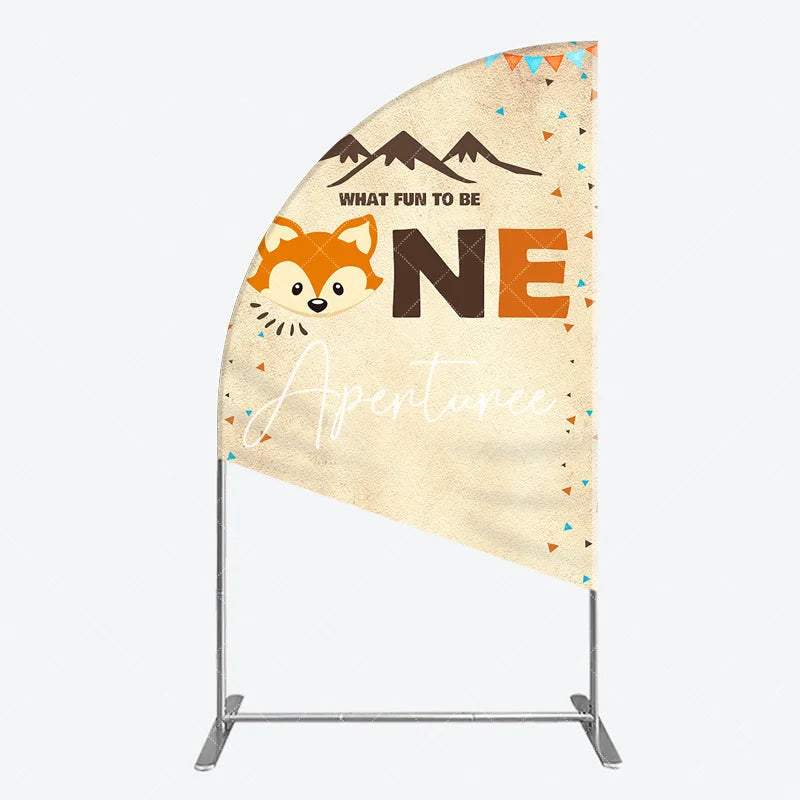 Aperturee - Aperturee Woodland Fox First Birthday Half Moon Arch Backdrop Cute Mountains and Pennant Banners Party Decor