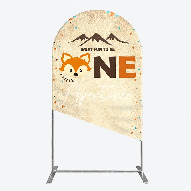 Aperturee - Aperturee Woodland Fox First Birthday Round Top Arch Backdrop Rustic Mountain Adventure Party Decor for What Fun