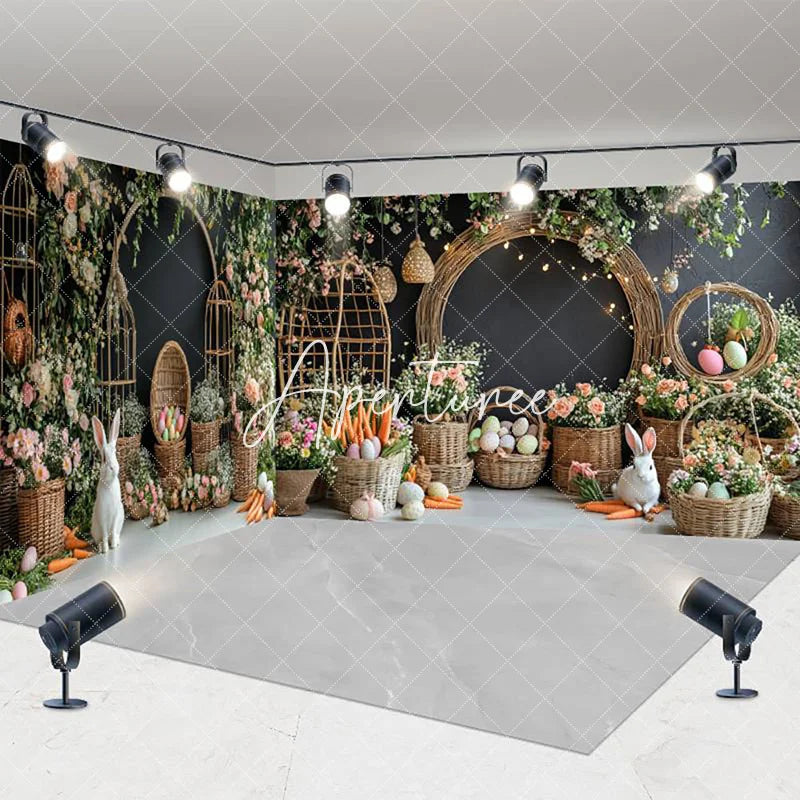 Aperturee - Aperturee Woven Basket Floral Bunny Easter Room Set Backdrop