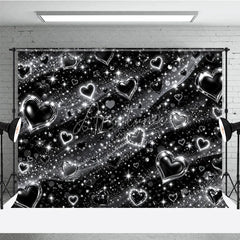 Aperturee - Aperturee Y2K Black and Silver Glitter Hearts Sparkling Holiday Backdrop Glamorous Celebration Party Decor