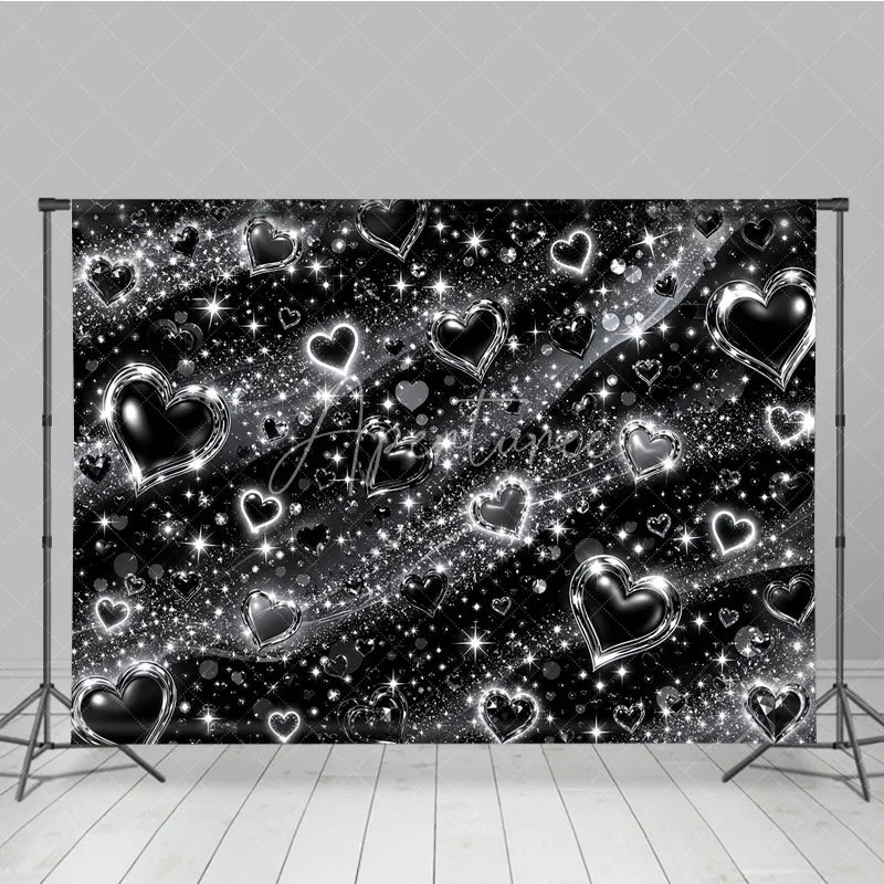 Aperturee - Aperturee Y2K Black and Silver Glitter Hearts Sparkling Holiday Backdrop Glamorous Celebration Party Decor