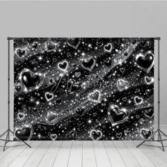 Aperturee - Aperturee Y2K Black and Silver Glitter Hearts Sparkling Holiday Backdrop Glamorous Celebration Party Decor