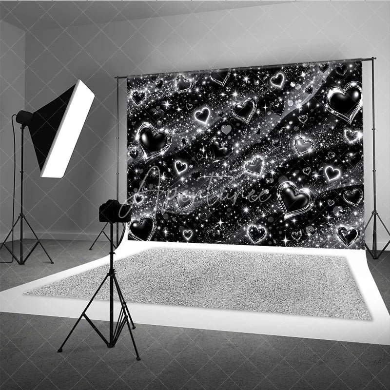 Aperturee - Aperturee Y2K Black and Silver Glitter Hearts Sparkling Holiday Backdrop Glamorous Celebration Party Decor