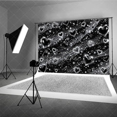 Aperturee - Aperturee Y2K Black and Silver Glitter Hearts Sparkling Holiday Backdrop Glamorous Celebration Party Decor