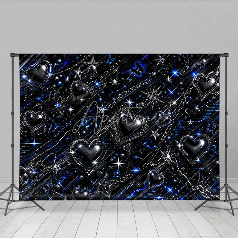 Aperturee - Aperturee Y2K Black Blue Silver Metallic Sparkling Hearts Stars Butterflies Chain Holiday Backdrop Edgy Gothic Glam Party Decor
