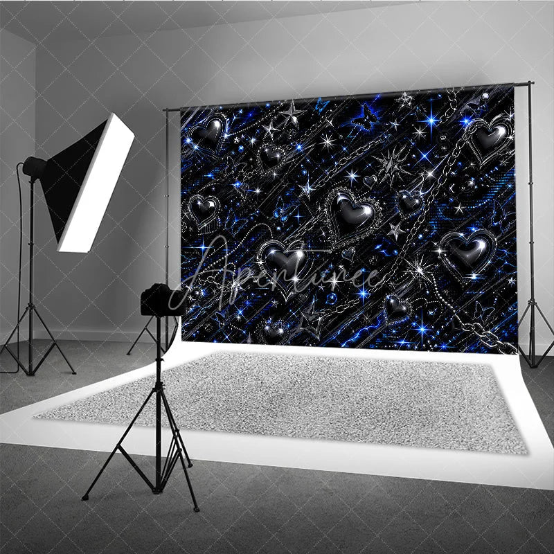 Aperturee - Aperturee Y2K Black Blue Silver Metallic Sparkling Hearts Stars Butterflies Chain Holiday Backdrop Edgy Gothic Glam Party Decor