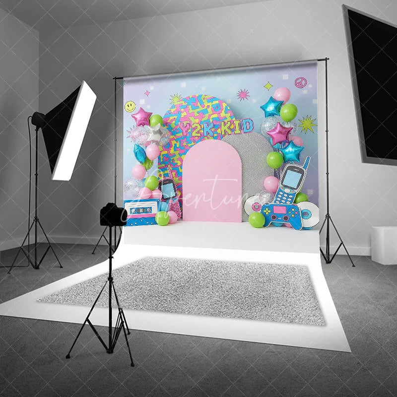 Aperturee - Aperturee Y2K Kid Retro Aesthetic Backdrop Colorful Pattern and Tech for Birthday Cake Smash
