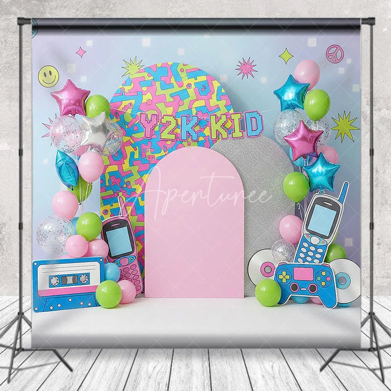 Aperturee - Aperturee Y2K Kid Retro Aesthetic Backdrop Colorful Pattern and Tech for Birthday Cake Smash