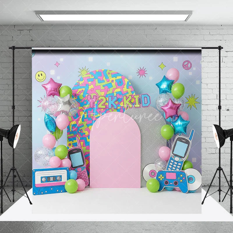 Aperturee - Aperturee Y2K Kid Retro Aesthetic Backdrop Colorful Pattern and Tech for Birthday Cake Smash