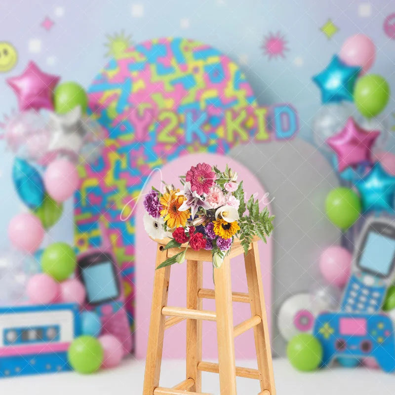 Aperturee - Aperturee Y2K Kid Retro Aesthetic Backdrop Colorful Pattern and Tech for Birthday Cake Smash