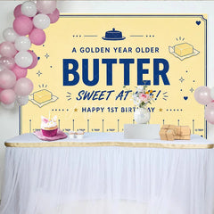 Aperturee - Aperturee Yellow and Blue Butter Sweet at One 1st Birthday Backdrop Golden Year Older Party Decoration