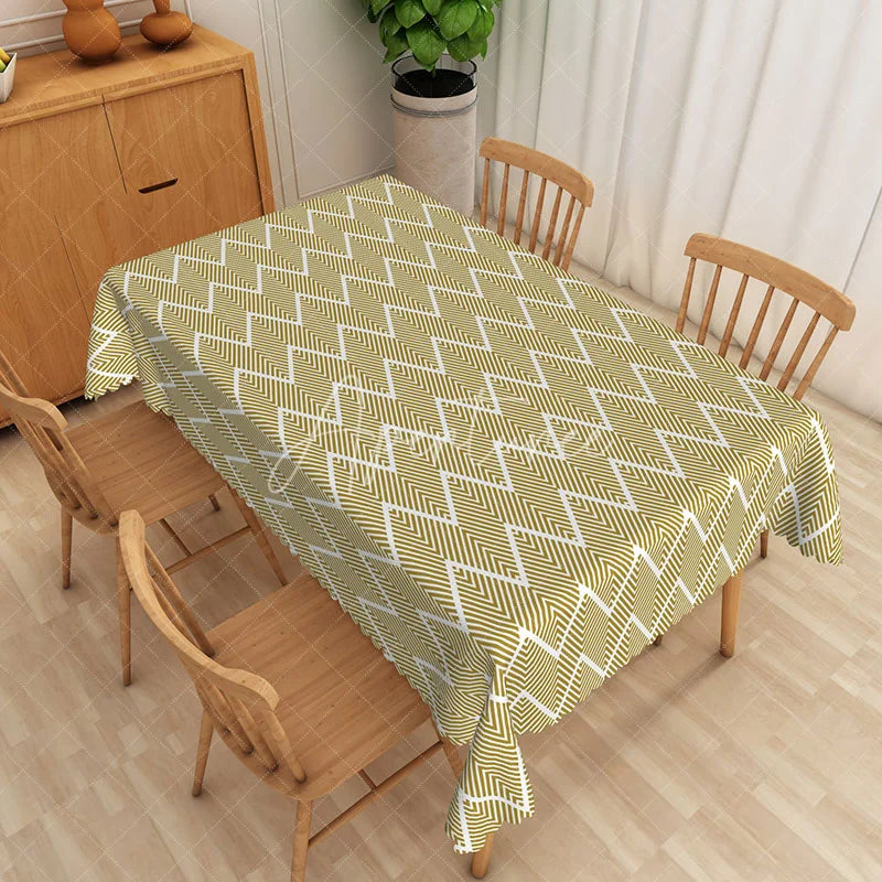 Aperturee - Aperturee Yellow and White Zigzag Geometric Lines Rectangle Tablecloth Boho Style Dining Room Decor Washable Kitchen Table Cover