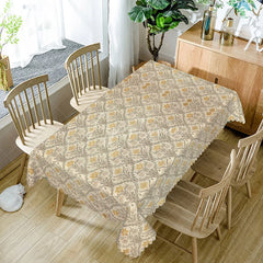 Aperturee - Aperturee Yellow Beige Damask Rectangle Tablecloth Classic Floral Scroll Pattern Cover Traditional Dining Table Decoration