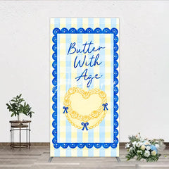 Aperturee - Aperturee Yellow Blue Gingham Plaid Heart Rectangle Arch Backdrop Butter With Age Birthday Party Decor.