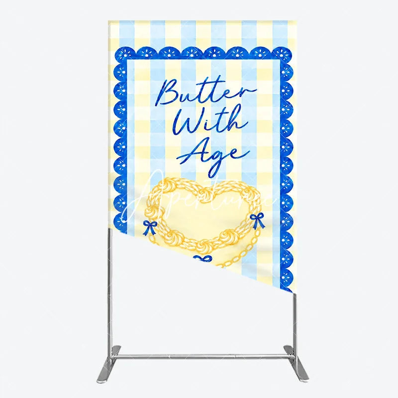 Aperturee - Aperturee Yellow Blue Gingham Plaid Heart Rectangle Arch Backdrop Butter With Age Birthday Party Decor.