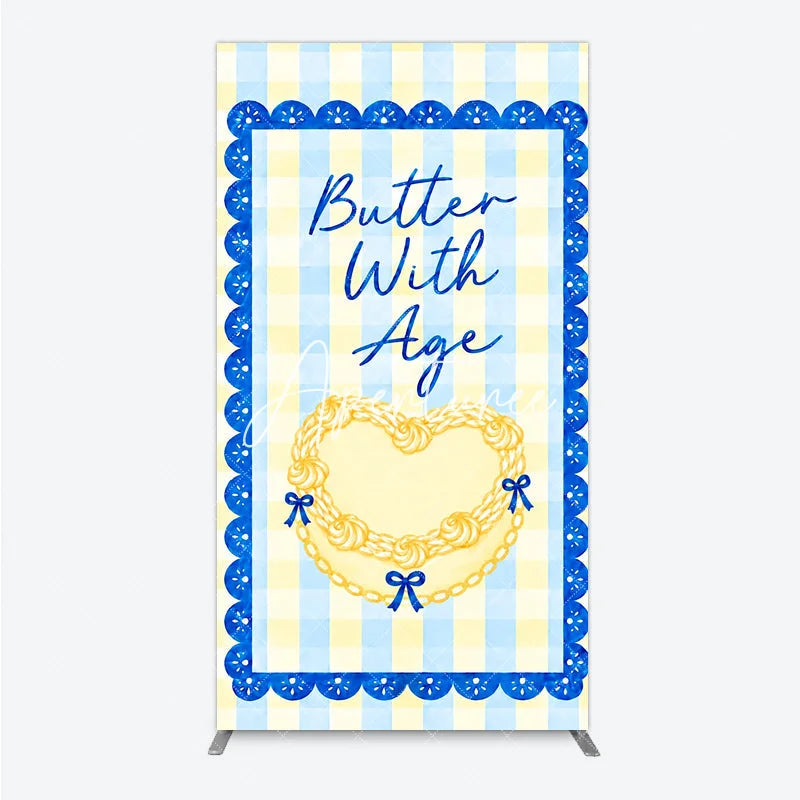 Aperturee - Aperturee Yellow Blue Gingham Plaid Heart Rectangle Arch Backdrop Butter With Age Birthday Party Decor.