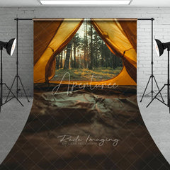 Aperturee - Aperturee Yellow Camping Tent Inside View Backdrop Pine Forest Sunset Nature Landscape Adventure Photography Background