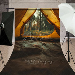 Aperturee - Aperturee Yellow Camping Tent Inside View Backdrop Pine Forest Sunset Nature Landscape Adventure Photography Background