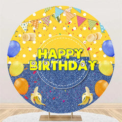 Aperturee - Aperturee Yellow Cartoon Happy Birthday Round Backdrop Playful Googly Eyes Denim Bananas Balloons Party Decorations for Kids