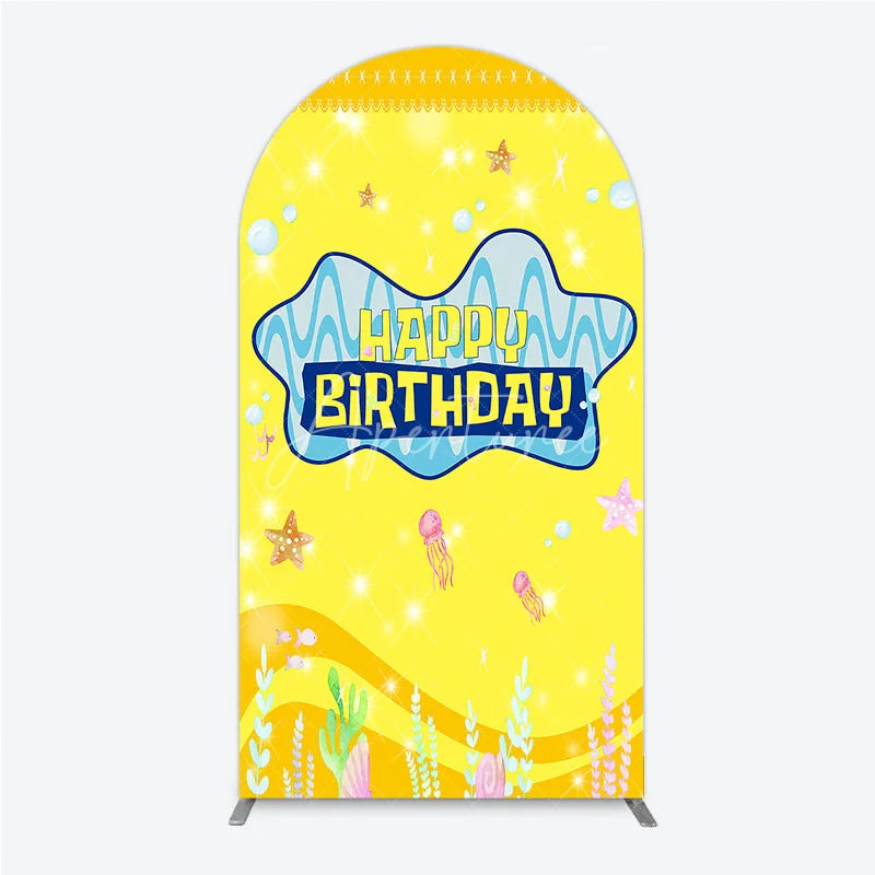 Aperturee - Aperturee Yellow Cartoon Ocean Arch Backdrop Blue Waves Starfish Jellyfish Background Happy Birthday Kids Party Arch Cover Decor