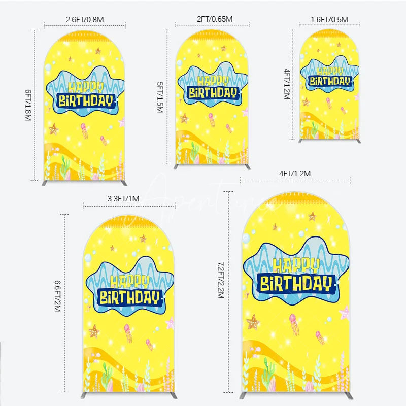 Aperturee - Aperturee Yellow Cartoon Ocean Arch Backdrop Blue Waves Starfish Jellyfish Background Happy Birthday Kids Party Arch Cover Decor
