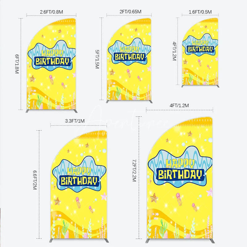 Aperturee - Aperturee Yellow Cartoon Ocean Half Moon Arch Backdrop Blue Waves Starfish Jellyfish Background Happy Birthday Kids Party Half