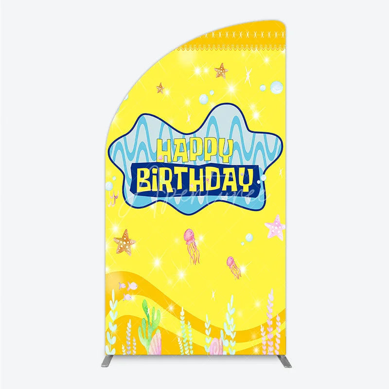 Aperturee - Aperturee Yellow Cartoon Ocean Half Moon Arch Backdrop Blue Waves Starfish Jellyfish Background Happy Birthday Kids Party Half