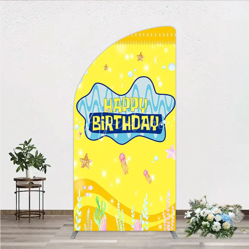 Aperturee - Aperturee Yellow Cartoon Ocean Half Moon Arch Backdrop Blue Waves Starfish Jellyfish Background Happy Birthday Kids Party Half