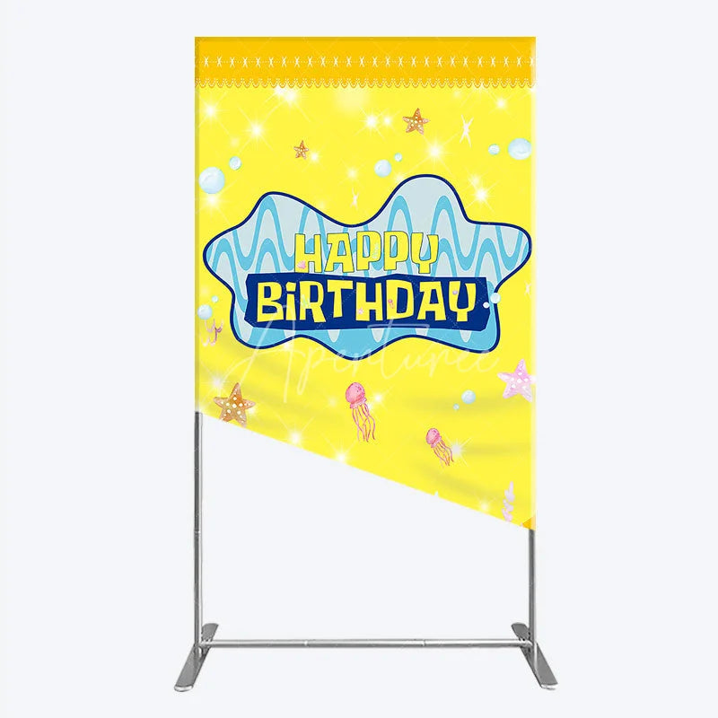 Aperturee - Aperturee Yellow Cartoon Ocean Rectangle Backdrop Blue Waves Starfish Jellyfish Background Happy Birthday Kids Party Rectangle