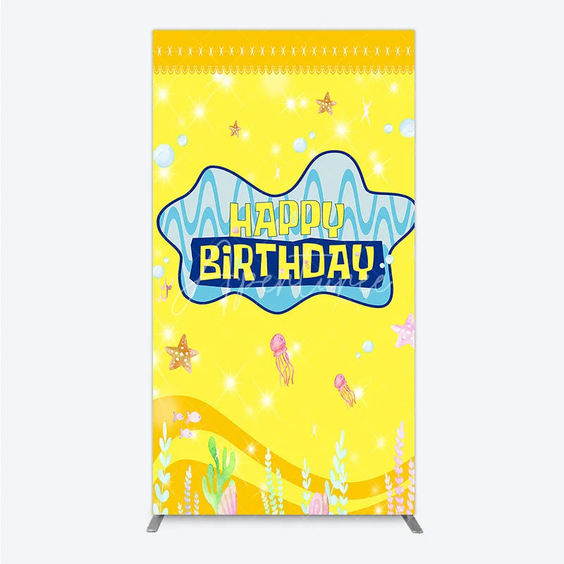 Aperturee - Aperturee Yellow Cartoon Ocean Rectangle Backdrop Blue Waves Starfish Jellyfish Background Happy Birthday Kids Party Rectangle
