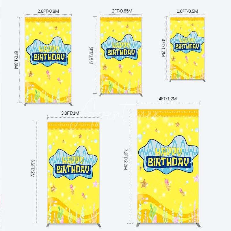 Aperturee - Aperturee Yellow Cartoon Ocean Rectangle Backdrop Blue Waves Starfish Jellyfish Background Happy Birthday Kids Party Rectangle