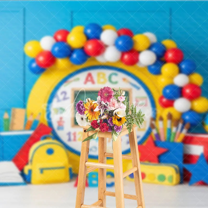 Aperturee - Aperturee Yellow Chalkboard ABC Back To School Backdrop Primary Colors Balloon Arch Ruler Background Kids Photography Prop