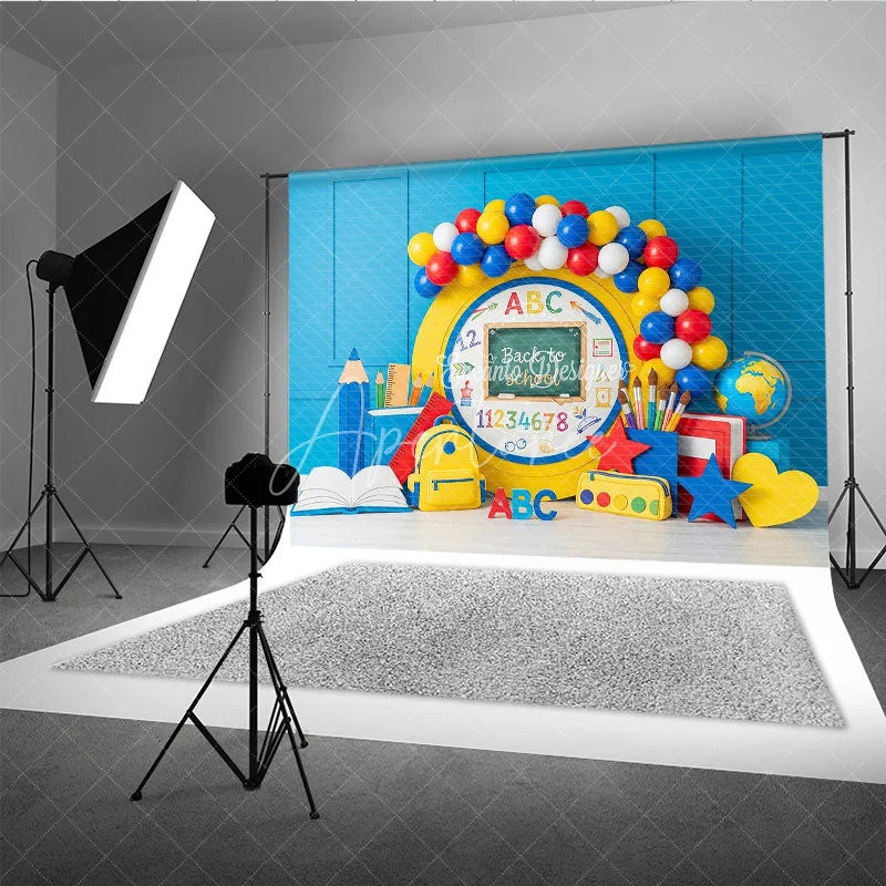 Aperturee - Aperturee Yellow Chalkboard ABC Back To School Backdrop Primary Colors Balloon Arch Ruler Background Kids Photography Prop